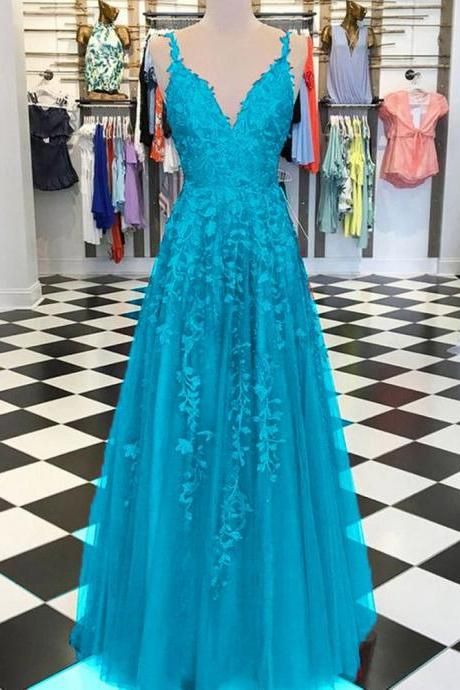 Fancy Girls V neck Lace Appliques Prom Dresses with Straps fg4654