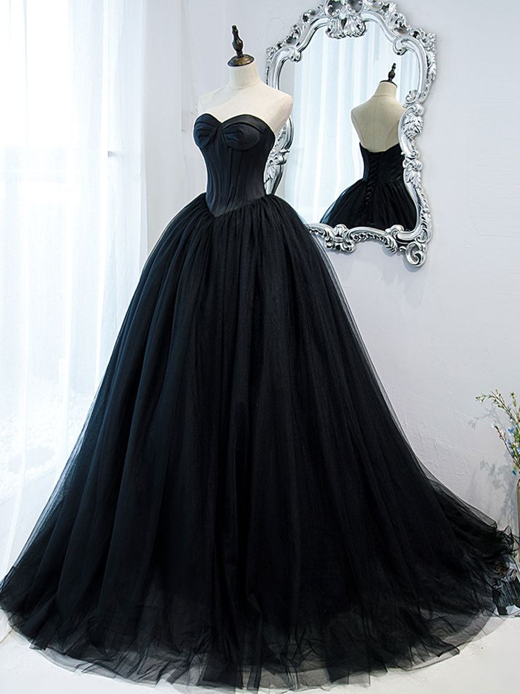 Schwarzes langes Ballkleid aus Tüll mit herzförmigem Ausschnitt, schwarzes formelles Abendkleid fg5446