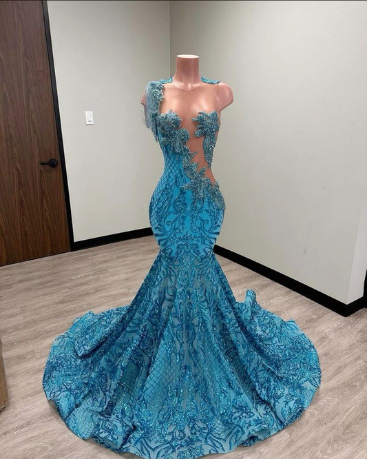 Asymmetrisches langes Meerjungfrau-Ballkleid mit glitzernden Kristallpailletten in Blau fg5139