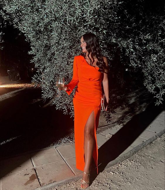orange one shoulder prom dress Mermaid One Shoulder Orange Prom Dress With Split PSK445