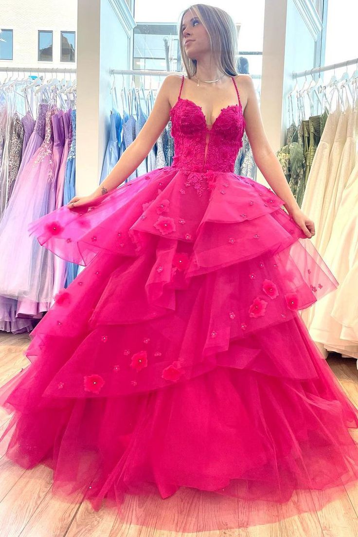 Hot Pink Sweetheart Tiered Tulle Long Prom Dresses with Appliques fg53 formalgowns Hot Pink Sweetheart Tiered Tulle Long Prom Dresses with Appliques fg53 formalgowns