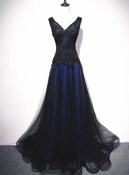 Navy Blue And Black Tulle V-Neckline Floor Length Party Dress Evening formalgowns Navy Blue And Black Tulle V-Neckline Floor Length Party Dress Evening formalgowns