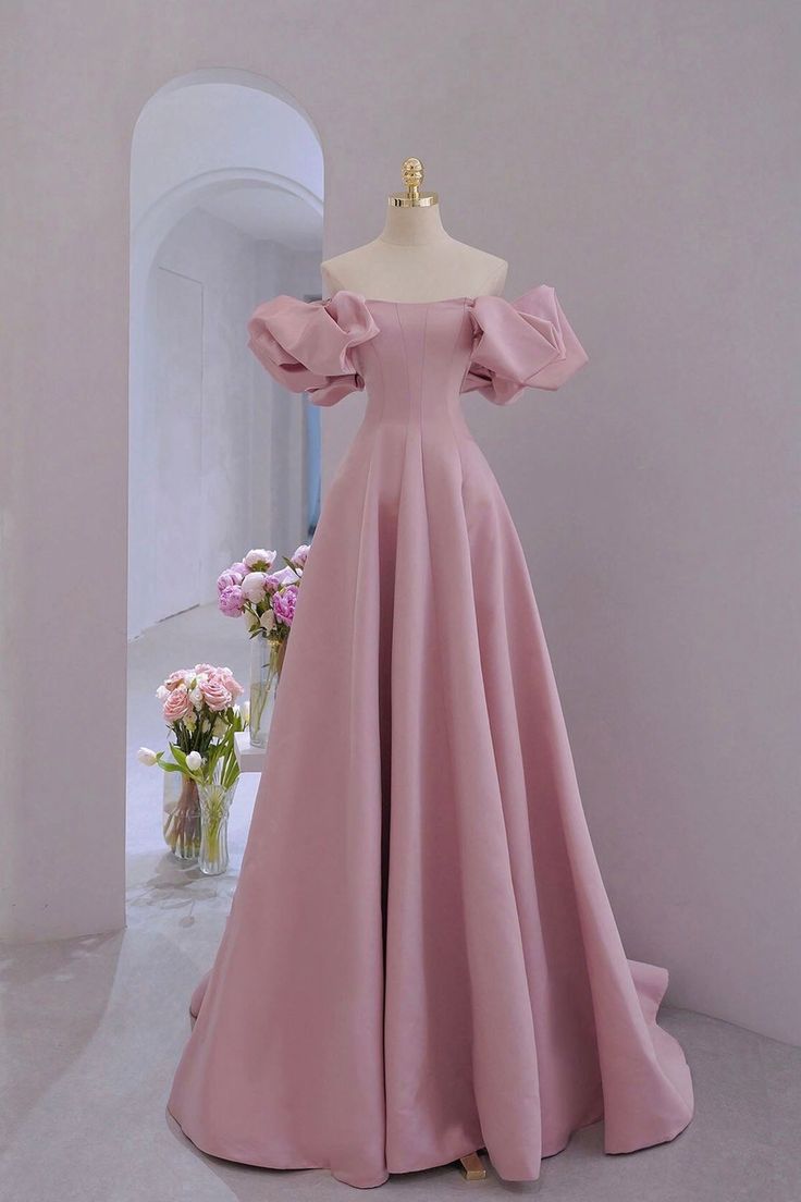 Satin Long A-Line Prom Dress, Puff Sleeves Formal Evening Dress fg5174