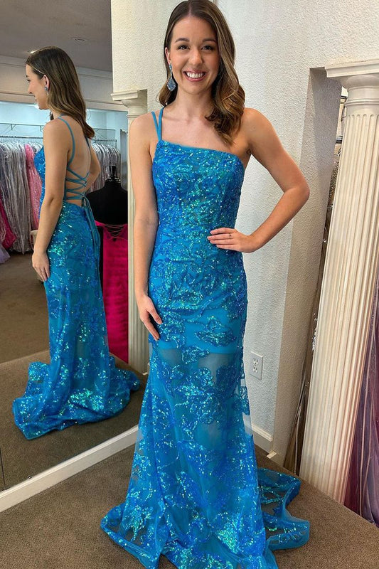 One Shoulder Sequin Lace Mermaid Long Prom Dresses       fg5199