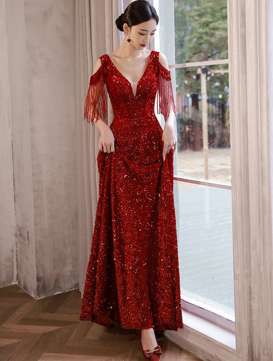 Weinrot Pailletten Abend Ballkleid Bankett Party Langes Kleid fg4426