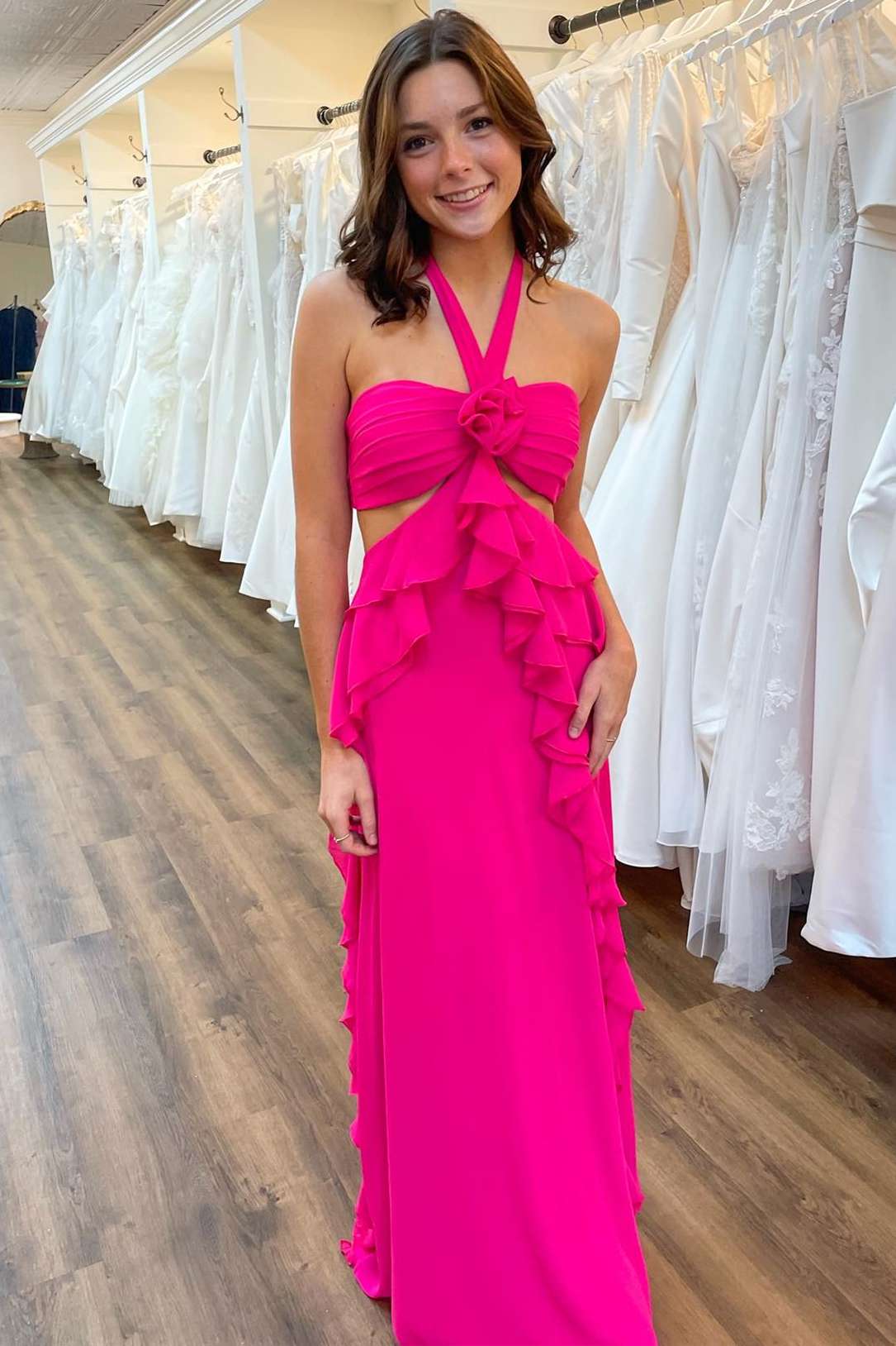 Halter Cut Out Ruffle Long Formal Prom Dress fg4732 Halter Cut Out Ruffle Long Formal Prom Dress fg4732