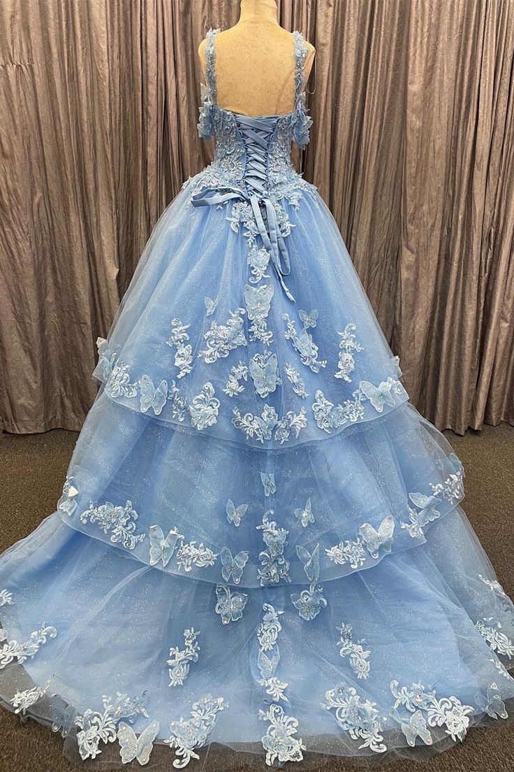 Blaues, mehrlagiges Ballkleid aus Tüll mit Herzausschnitt und 3D-Blumenspitze, Abschlussballkleid fg4649