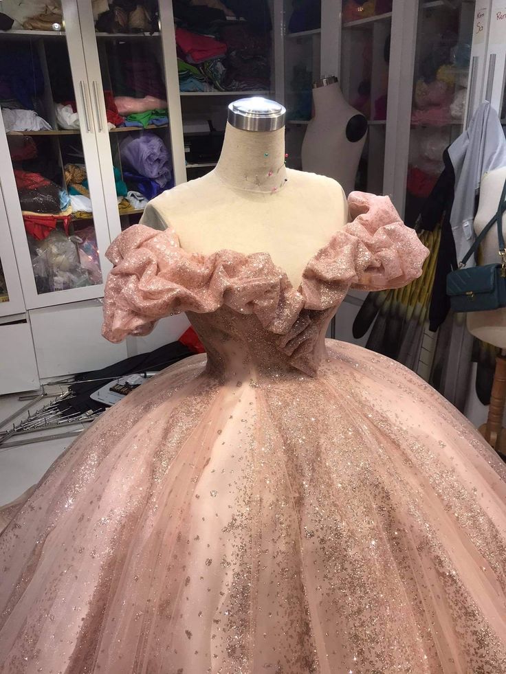 Robe de soirée longue rose champagne scintillante, robe princesse rose scintillante, robe de bal Quinceanera fg5261