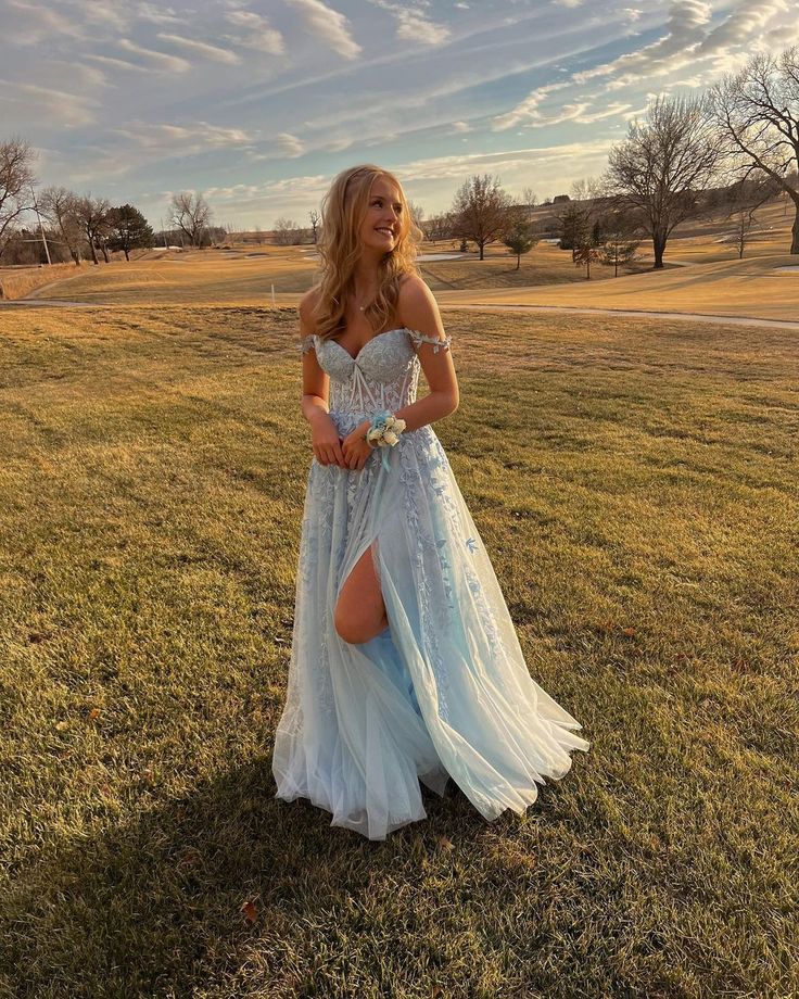 Cute A line Off the Shoulder Light Blue Long Prom Dresses with Appliqu formalgowns Cute A line Off the Shoulder Light Blue Long Prom Dresses with Appliqu formalgowns