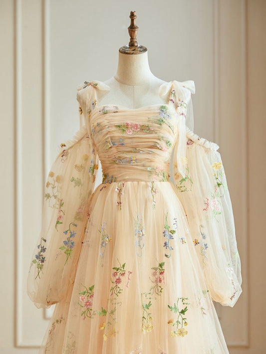 A-Linie Tüll Spitze Langarm Ballkleid, Langes Abendkleid fg4428