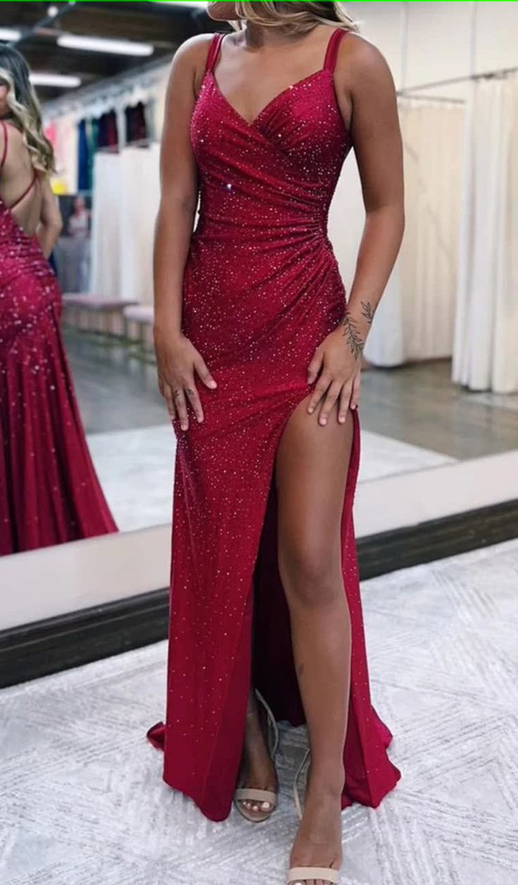 Sparkly Dark Red One Shoulder Sheath Long Prom Dress with Slit Formal formalgowns Sparkly Dark Red One Shoulder Sheath Long Prom Dress with Slit Formal formalgowns