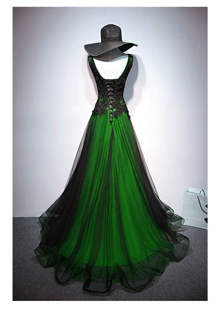 Chaming Black and Green Tulle V-neckline Long Party Dress, V-neckline Prom Dresses fg5089