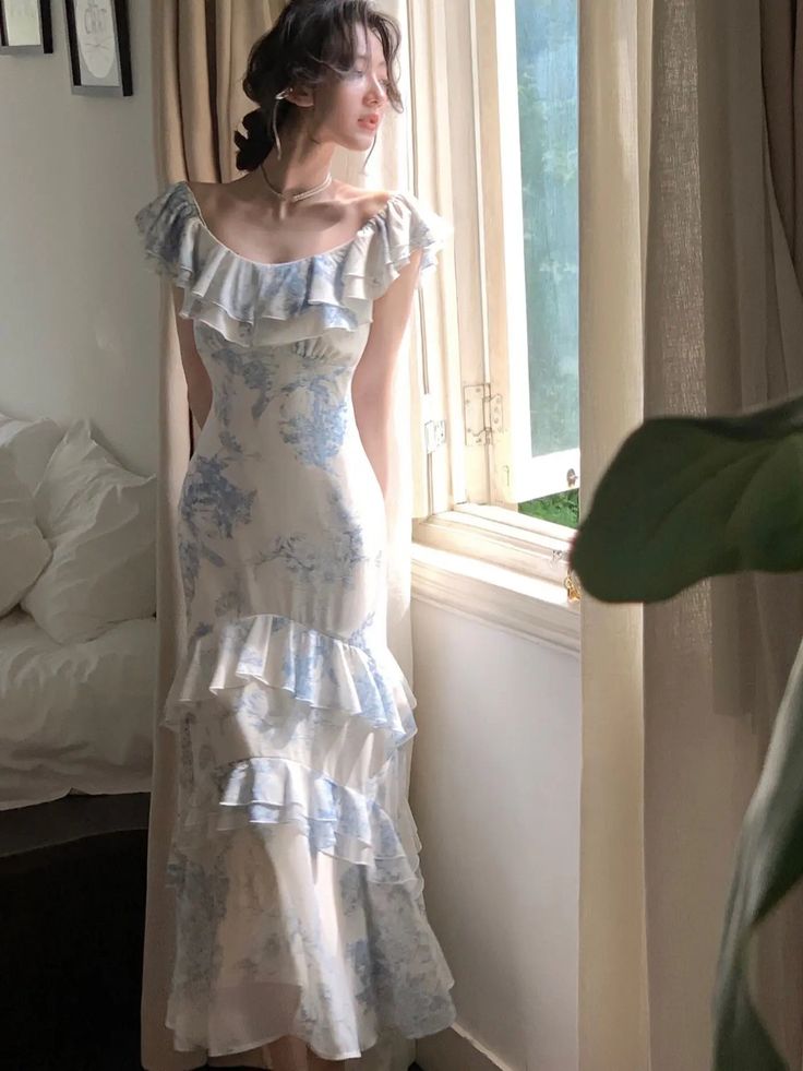 Summer New Women Elegent Slim Party Prom Print Ruffles Dress Female Fashion Party Dress fg5009