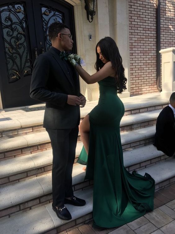 Robe de bal longue verte bustier style sirène fendue avec traîne, robe de soirée verte style sirène fg5043