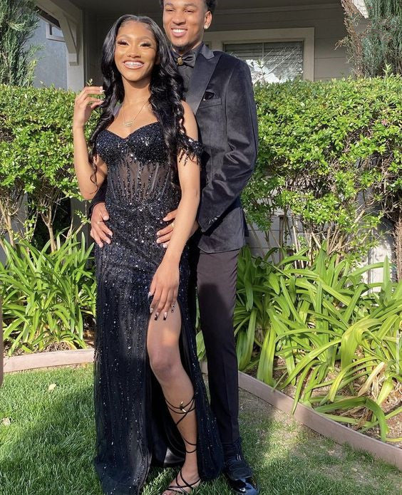 off the shoulder black dress prom Glamorous Black Off-Shoulder Sequin Lace Prom Dress with High Slit 22206
