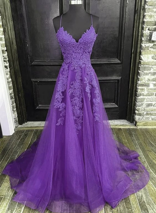 Robe de bal longue violette à bretelles et décolleté en V, robe de soirée longue violette fg4734