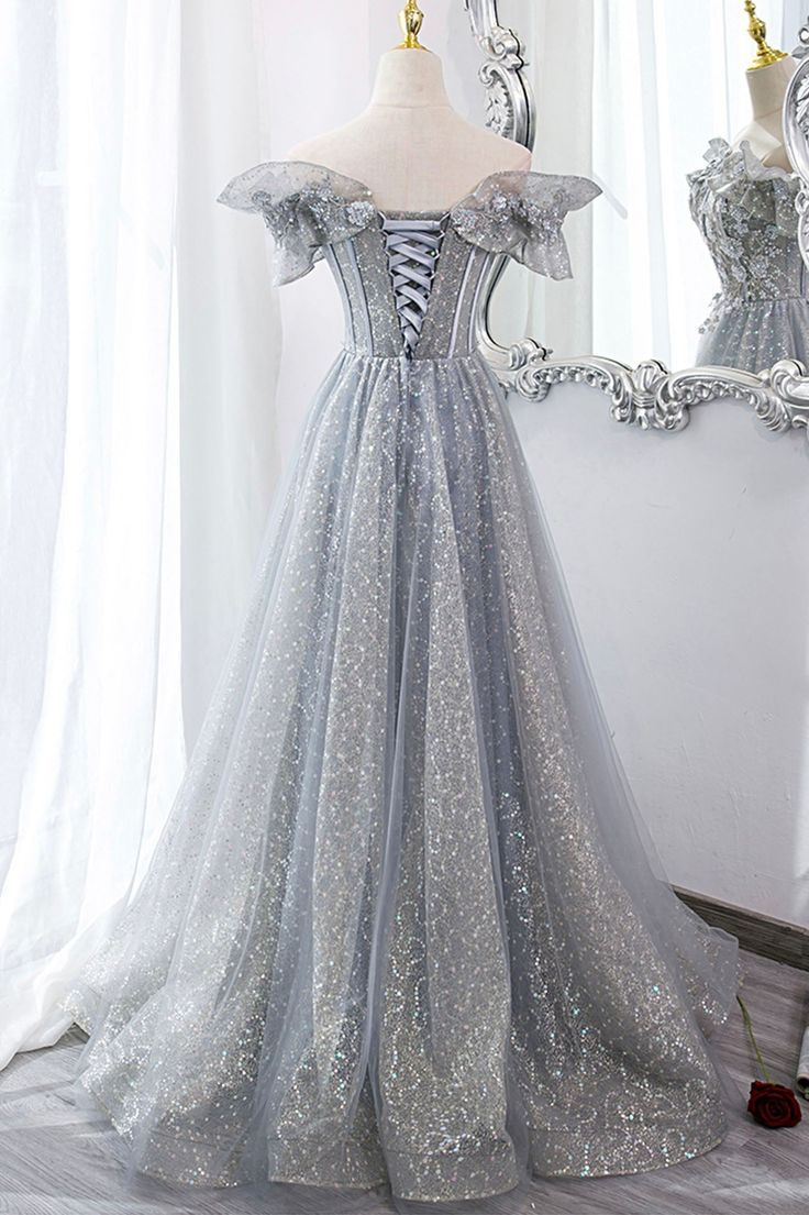 Tulle Lace Long Prom Dresses, A-Line Sequins Evening Dresses fg5490