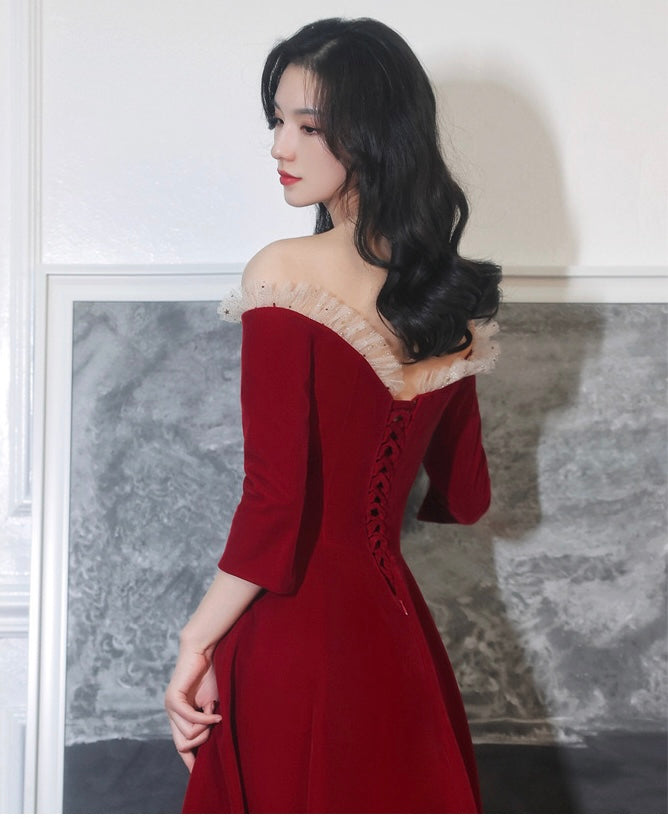 Burgundy Prom Gown, Off Shoulder Party Dress, Fairy Midi Dress fg4473