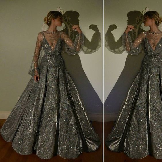 Robe de bal élégante à manches longues et bijou, robe de bal bon marché fg4950