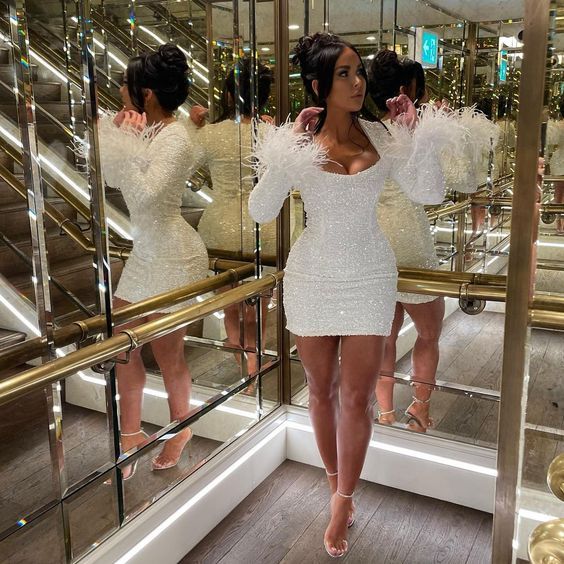 Cute Short Homecoming Dress White Sequin Long Sleeves Birthday Outfit formalgowns Cute Short Homecoming Dress White Sequin Long Sleeves Birthday Outfit formalgowns