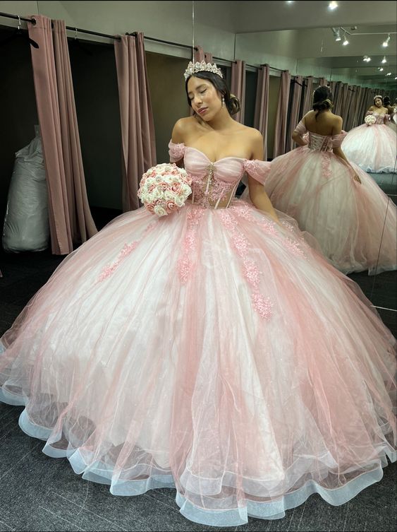 Sweet 16 Big Puffy Pink Quinceanera Dresses Pink Off-the-Shoulder Lace-Up Back Quinceanera Dress Sweet 16 Big Puffy Pink Quinceanera Dresses Pink Off-the-Shoulder Lace-Up Back Quinceanera Dress