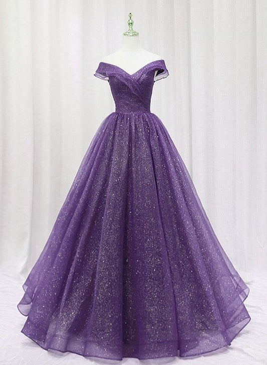 Robe de bal longue en tulle violet, décolleté en cœur, robe de soirée trapèze en tulle fg4467