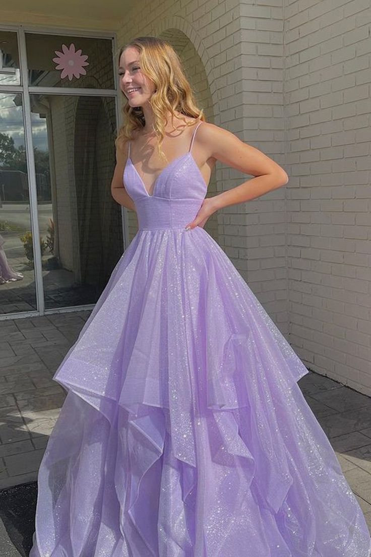 Lila V-Ausschnitt Tüll Langes Ballkleid Lila Abendkleid fg4772