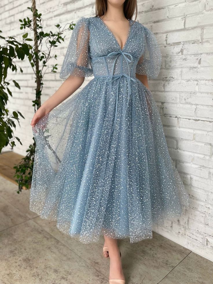 A line Tea Length Gray Blue Prom Dress, Gray Blue Formal Wedding Party formalgowns A line Tea Length Gray Blue Prom Dress, Gray Blue Formal Wedding Party formalgowns