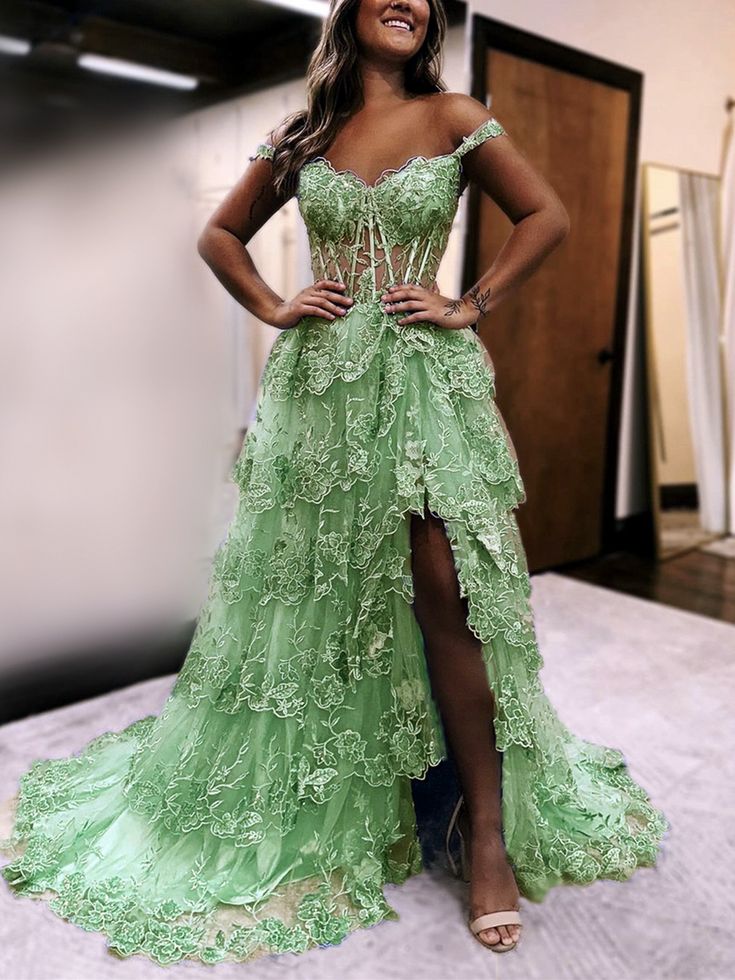 Elegant sage green a-line prom dress, off the shoulder lace split gown formalgowns Elegant sage green a-line prom dress, off the shoulder lace split gown formalgowns