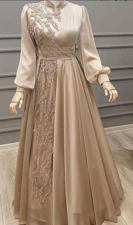 Long Tulle Appliques Full Sleeve Muslim Champagne Prom Dress High Neck Saudi Arabic A Line Evening Formal Party Gowns fg1480