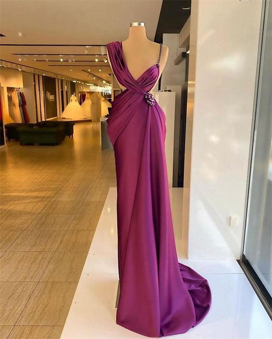 Designer Purple Prom Dresses Beaded Crystals Ruched Pleats Satin Spaghetti Straps Formal Evening Gown Party Wear      fg5191