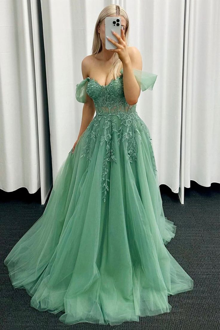A-Line Tulle Lace Long Prom Dress, Green Off the Shoulder Evening Party Dress fg5008