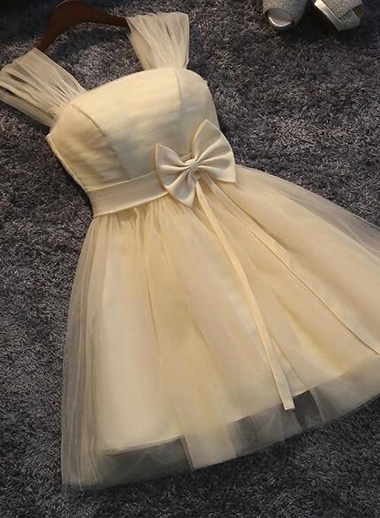 Schönes Champagner-Tüll-Heimkehrkleid für Teenager mit Schleife, Trägern, Tüll, Abendkleider fg3745