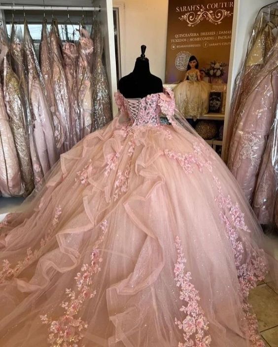 Pink Ball Gown Quinceanera Dresses with Cape 15 Party 3D Flower Prince formalgowns Pink Ball Gown Quinceanera Dresses with Cape 15 Party 3D Flower Prince formalgowns