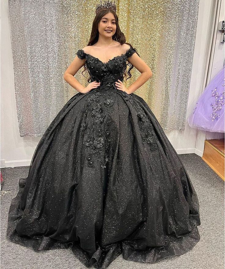 Shiny Black Quinceanera Off Shoulder Dress Sweet 15 16 Party Ball Gown formalgowns Shiny Black Quinceanera Off Shoulder Dress Sweet 15 16 Party Ball Gown formalgowns