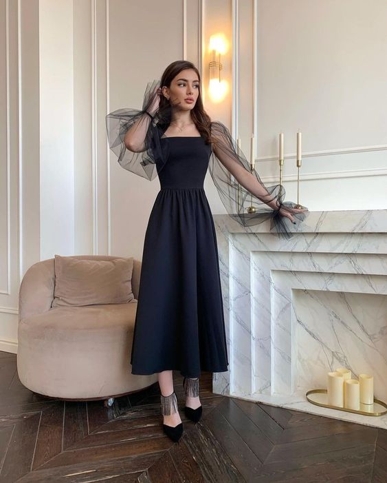 Elegant A-Line Long Sleeves Evening Dress Black Simple Square Collar P – formalgowns Elegant A-Line Long Sleeves Evening Dress Black Simple Square Collar P – formalgowns