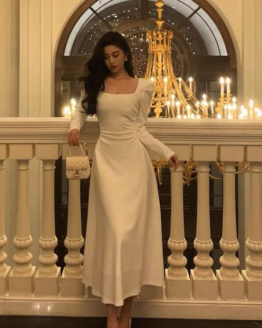 Elfenbeinfarbenes Ballkleid mit langen Ärmeln, Partykleid fg3437