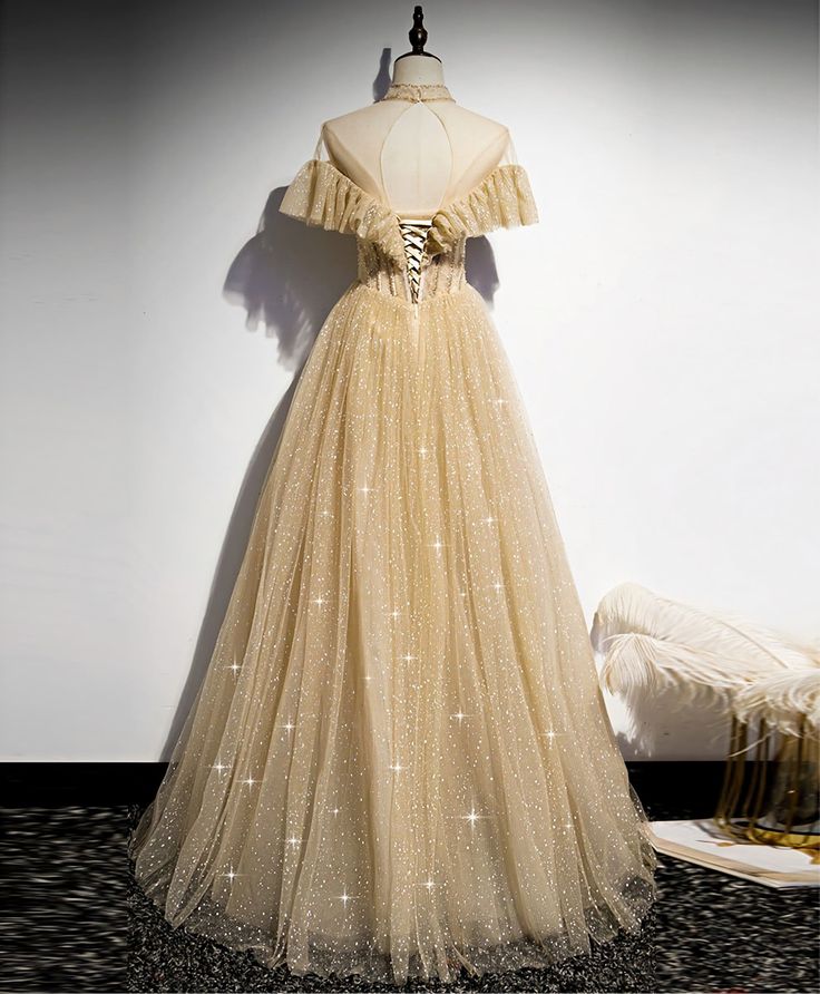 Langes Ballkleid aus goldenem Tüll mit Pailletten, Brautjungfernkleid aus goldenem Tüll fg4089