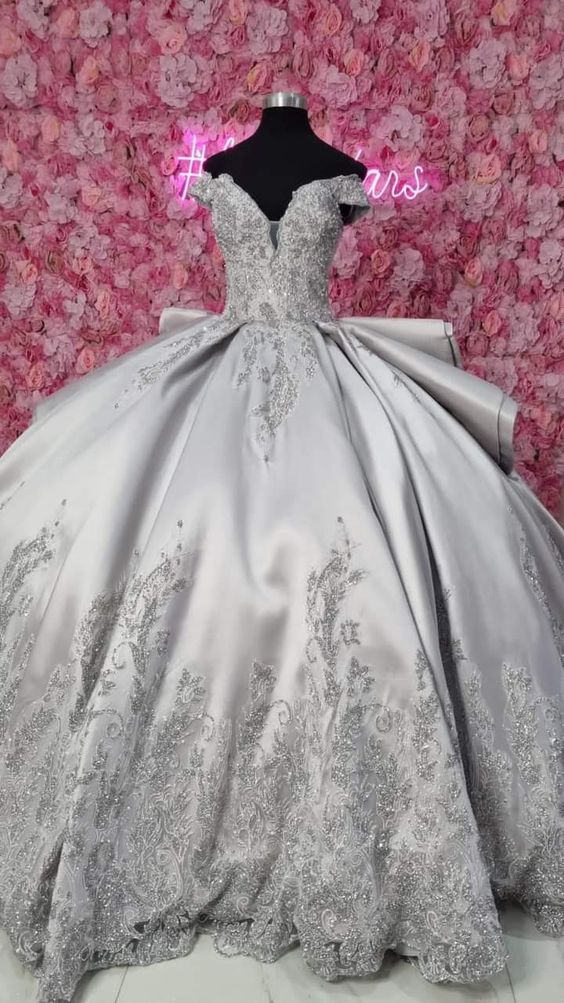 silver applique dress May Queen RQ8100