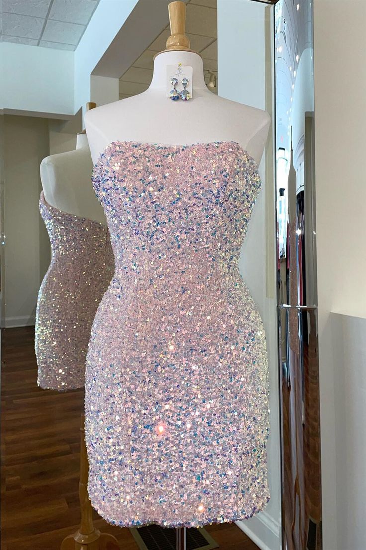 pink sequin dress short Sparkle Pink Sequin Strapless Bodycon Mini Party Dress Short Prom Dres – formalgowns
