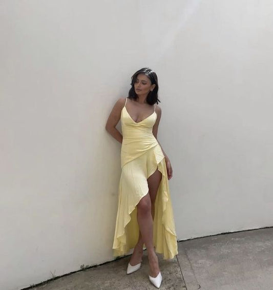 Robe mi-longue à volants, robe de soirée jaune fg4132