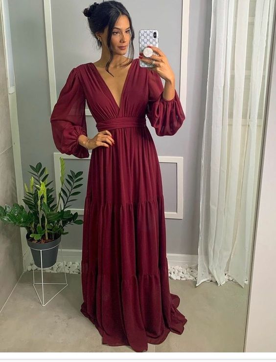 Burgundy Long Prom Dress, Formal Evening Graduation Dress fg4006