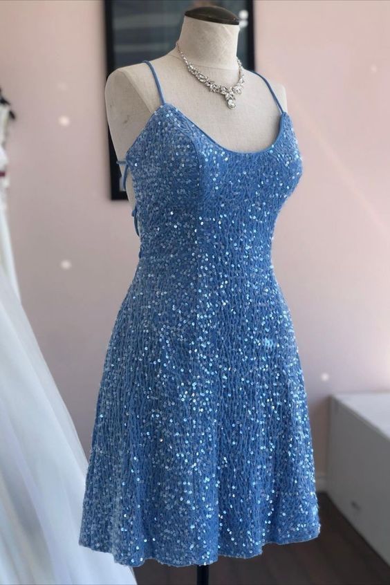 Straps Blue Sequin Homecoming Dress Short Princess Dress fg4318 formalgowns Straps Blue Sequin Homecoming Dress Short Princess Dress fg4318 formalgowns