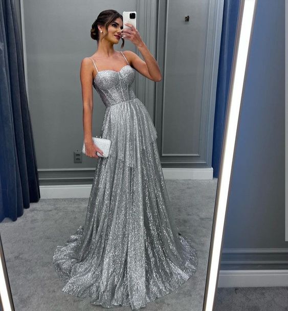 a line prom dresses 2023 Elegant Long A-line Spaghetti Straps Lace Sleeveless Evening Prom Dresses With Slit