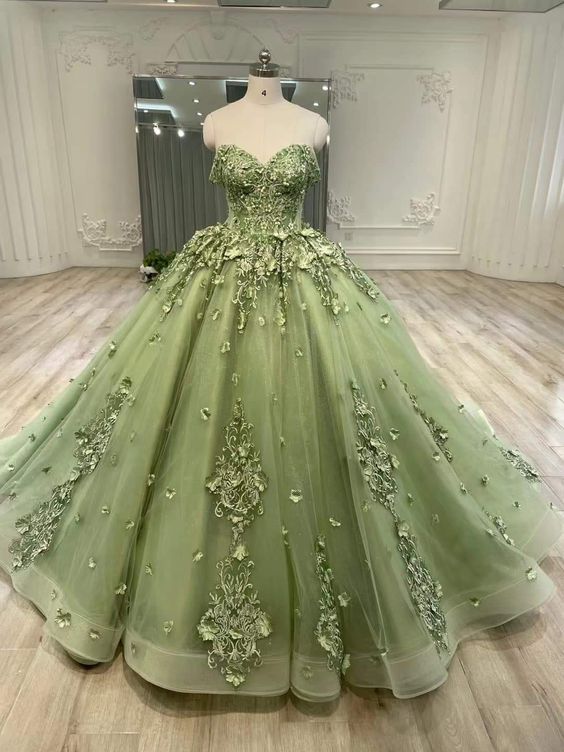 Green A Line Tulle Ball Gown Prom Dresses, Evening Gowns fg3991