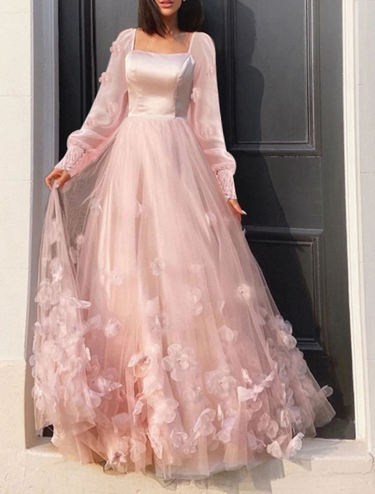 A-Line Prom Dresses Maxi Dress Sweet 16 Birthday Floor Length Long Sleeve Scoop Neck Tulle with Appliques fg4061