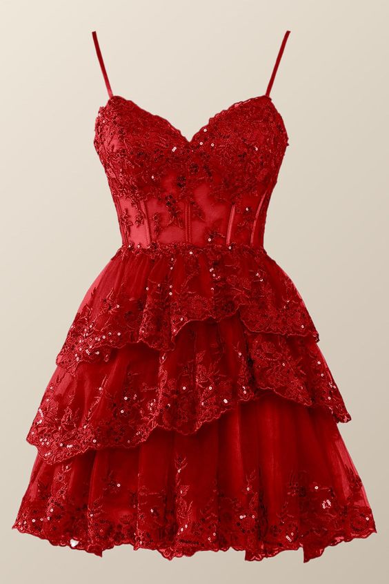 Straps Red Appliques Tiered Layered Short Princess Dress fg4314 formalgowns Straps Red Appliques Tiered Layered Short Princess Dress fg4314 formalgowns