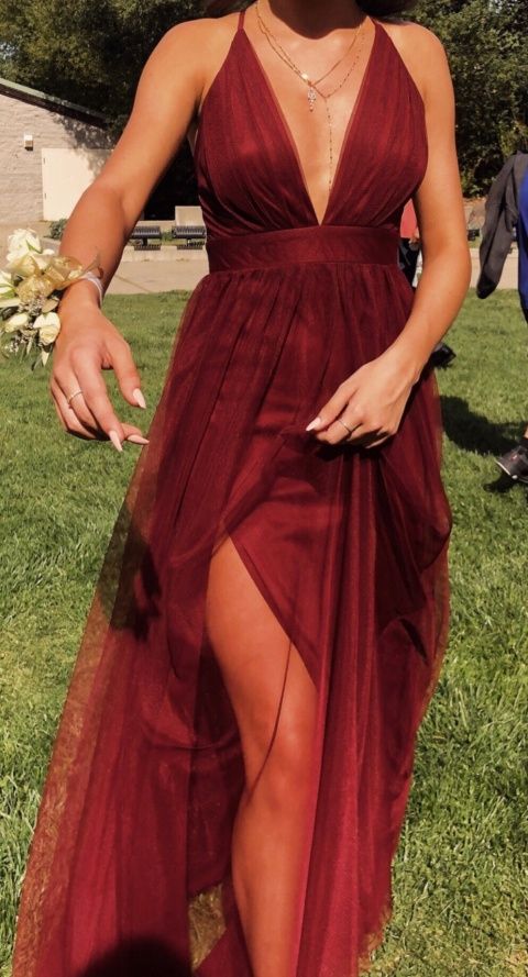 A-Line Prom Dresses Burgundy Tulle Backless Party Evening Dress fg4231