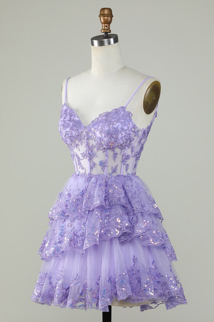 Straps Lavender Sequins Corset Layered Homecoming Dress fg3729