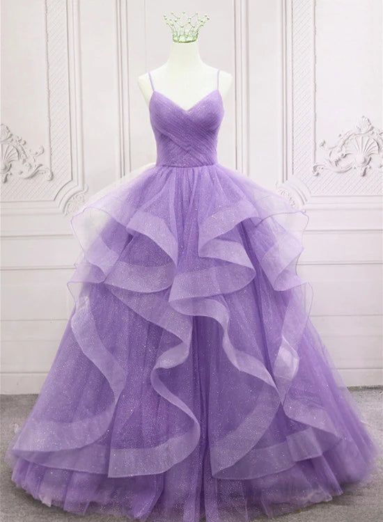 Gorgeous Purple Straps Layers Tulle V-neckline Long Evening Dress, Lig formalgowns Gorgeous Purple Straps Layers Tulle V-neckline Long Evening Dress, Lig formalgowns